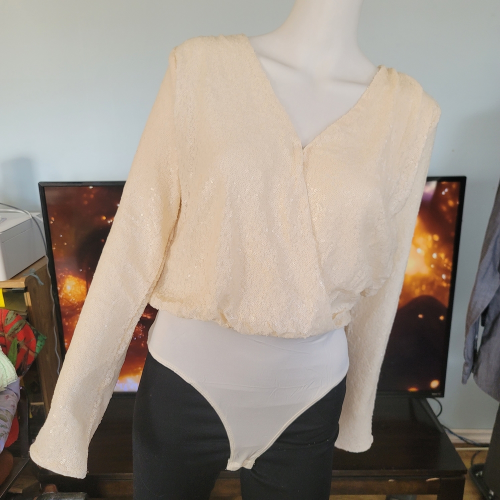 ❗️ H & M Elegant  SEQUINED Cream Wrap THONG BODYSUIT  ❗️